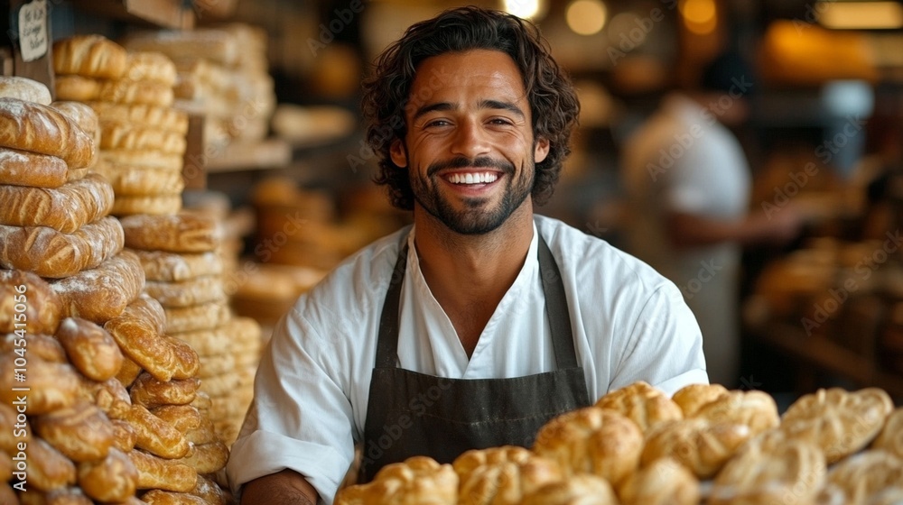 Cheerful baker smiling in bakery surrounded by fresh bread and pastries, showcasing warm and inviting atmosphere Cheerful baker smiling in bakery surrounded by fresh bread and pastries, showcasing warm and inviting atmosphere