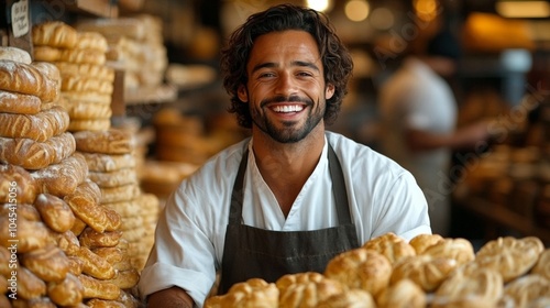 Cheerful baker smiling in bakery surrounded by fresh bread and pastries, showcasing warm and inviting atmosphere