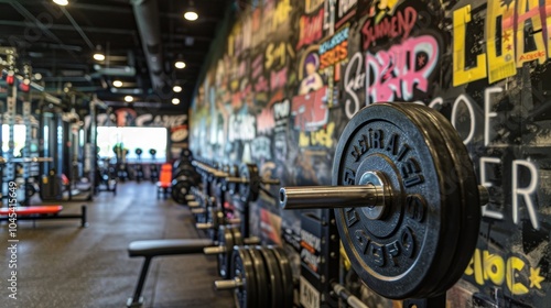 Close up view of weight plate on barbell rack in gym setting, with blurred background of fitness equipment, highlighting strength training. Urban interior with graffiti art adds modern vibe