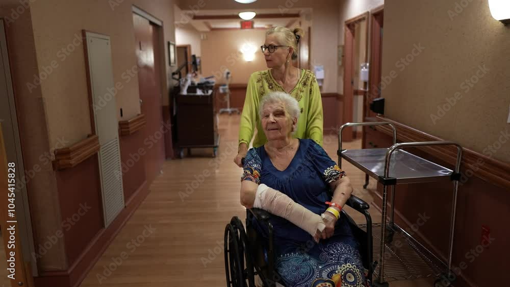 Mature woman pushing elderly mother in wheelchair in rehab facility down a hallway. Happy family caregiver. Mature woman pushing elderly mother in wheelchair in rehab facility down a hallway. Happy family caregiver.