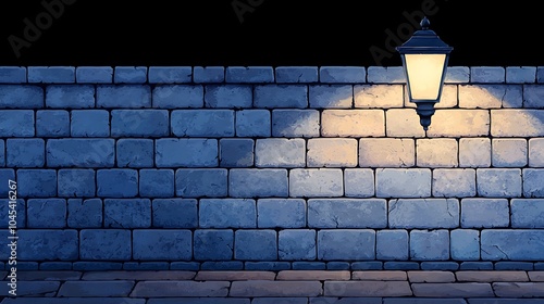 Mysterious night a dimly lit lantern casting shadows on a weathered stone wall in a serene urban environment