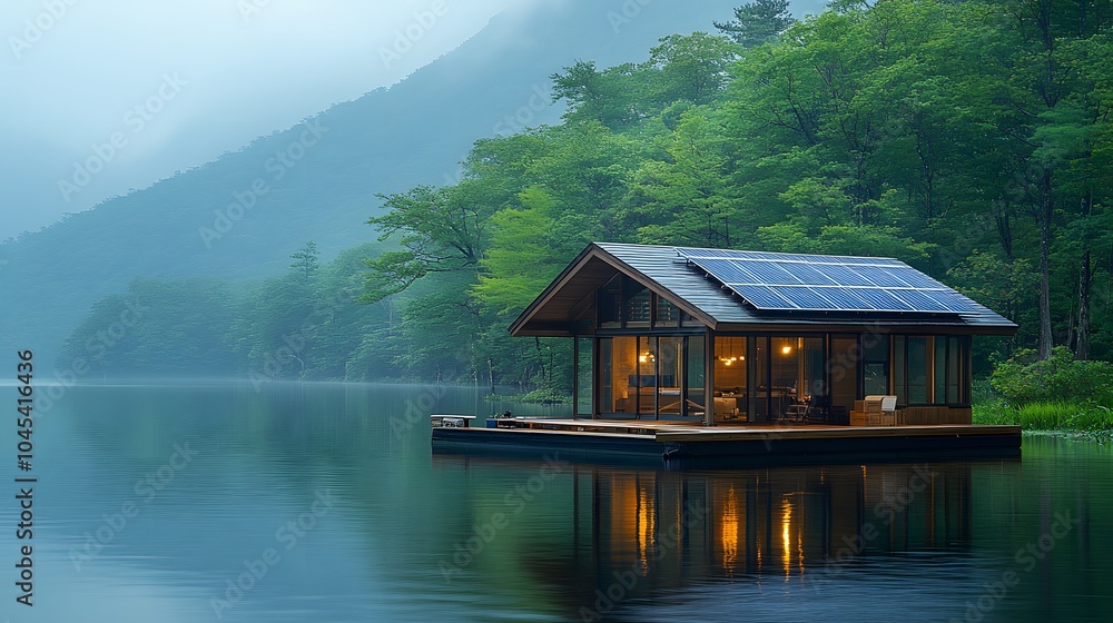 Fototapeta premium Floating solar energy system on a serene lake, surrounded by forested hills, promoting sustainability and environmental balance