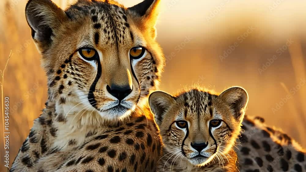 Mother cheetah and cub posing at sunset in the savannah Mother cheetah and cub posing at sunset in the savannah