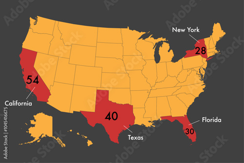 Vector map of the states with the most electoral votes for 2024 US presidential elections