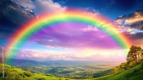 A vibrant rainbow arches over a lush green valley, framed by rolling hills and a dramatic cloudy sky.