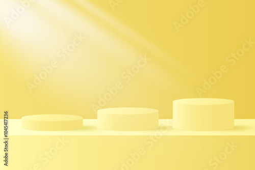 Abstract 3D yellow podium background. Modern minimalist mockup for product display presentation. Realistic yellow cylinder pedestal podium.