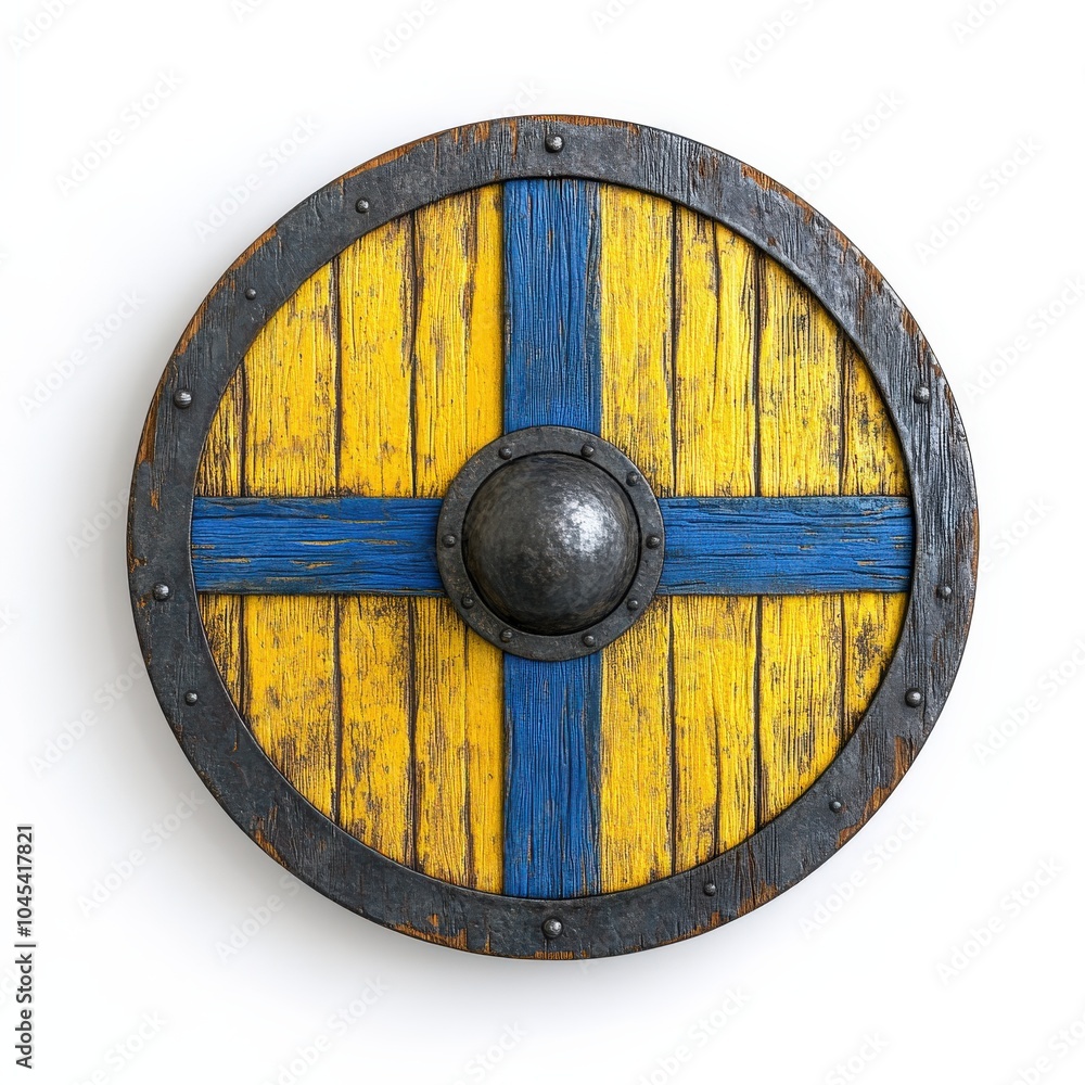 Naklejka premium Viking Shield. Round Wooden Shield in Blue and Yellow, Medieval Weapon History