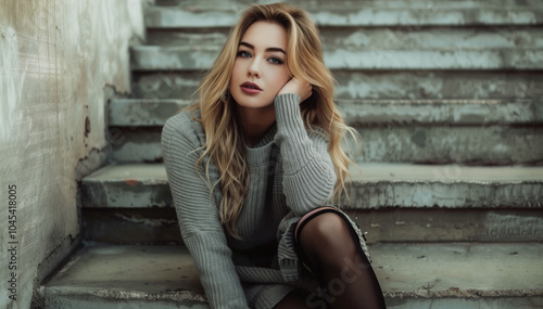 A contemplative afternoon in a charming urban stairwell with a stylish young woman