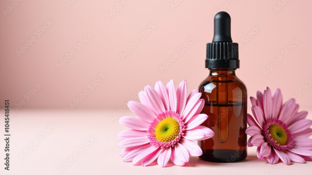Glass bottle of essential oil with pink flowers, set against a pastel pink backdrop, ideal for beauty, health, and wellness marketing. Glass bottle of essential oil with pink flowers, set against a pastel pink backdrop, ideal for beauty, health, and wellness marketing.
