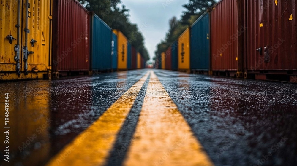Fototapeta premium vibrant and reflective view of rain soaked road flanked by colorful shipping containers, creating striking industrial scene. wet pavement enhances colors and depth of environment