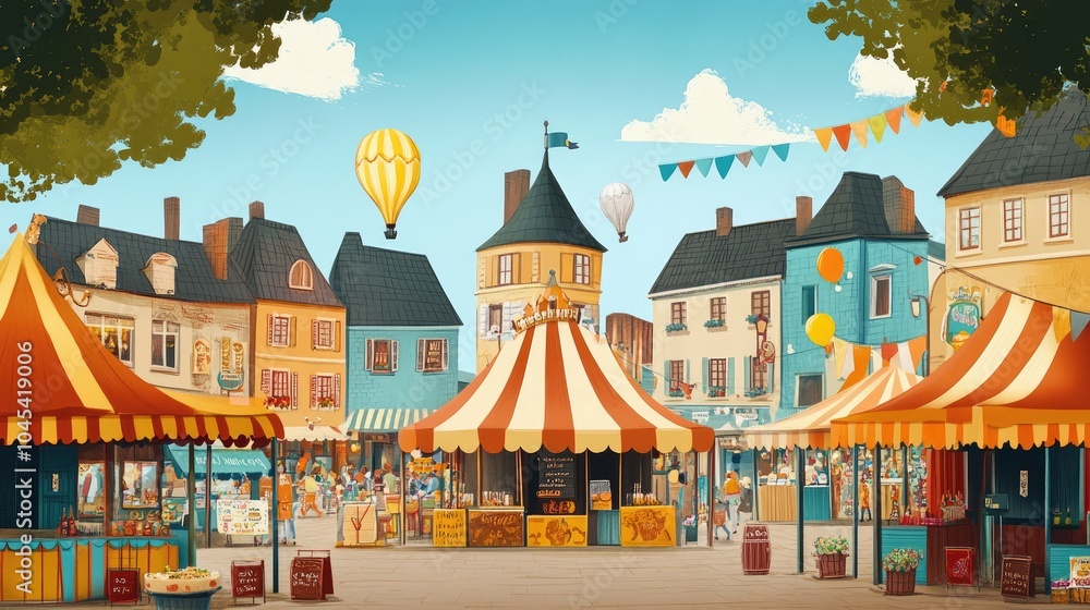 A cartoon carnival in a European town square, with vibrant colors and copy space for text. A cartoon carnival in a European town square, with vibrant colors and copy space for text.
