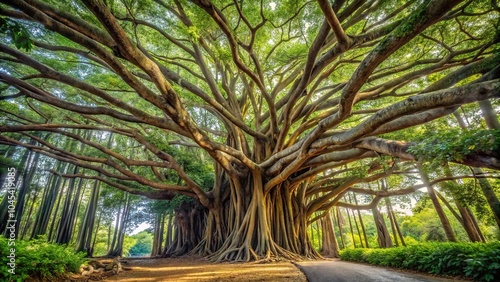 large banyan tree in Maui HI along the Pipiwai Trail near the Road to Hana with low angle perspective photo