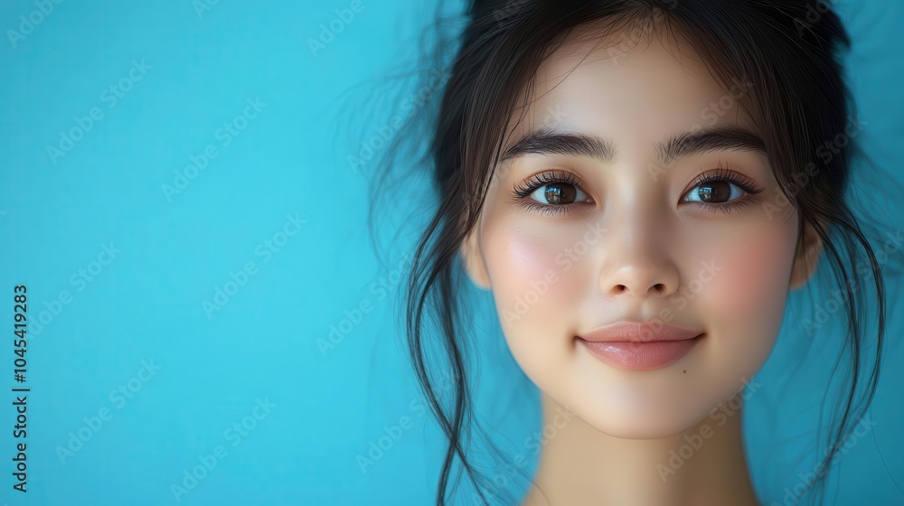 a portrait of an asian woman radiating confidence and beauty showcasing her flawless skin as she embodies the essence of skincare and cosmetics set against a minimalist background a portrait of an asian woman radiating confidence and beauty showcasing her flawless skin as she embodies the essence of skincare and cosmetics set against a minimalist background