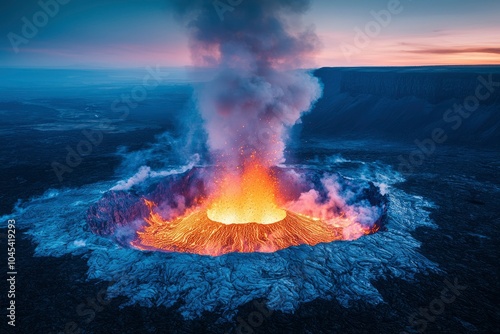 Aerial View of Volcano Erupting with Smoke and Lava