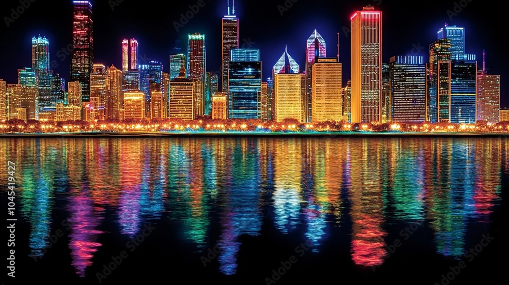 Fototapeta premium vibrant city skyline at night, showcasing bright lights reflecting on water, creating colorful and lively atmosphere. scene captures essence of urban beauty and energy