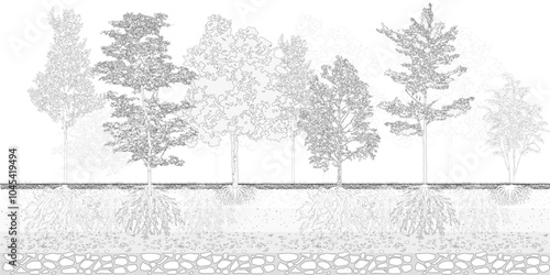 Architectural Drawings, Minimal style cad tree line drawing, Side view, set of section wetland forest outline for landscape design drawing. Vector illustration in seperate element