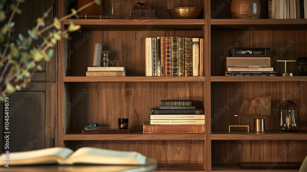 Interior design featuring a modern home library with stylish wooden bookshelves filled with books, plants, and decorative items. The warm lighting creates a cozy and inviting atmosphere Interior design featuring a modern home library with stylish wooden bookshelves filled with books, plants, and decorative items. The warm lighting creates a cozy and inviting atmosphere