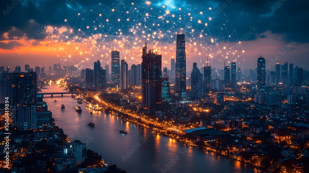 Cityscape with buildings powered by distributed solar energy systems and small-scale wind turbines Cityscape with buildings powered by distributed solar energy systems and small-scale wind turbines