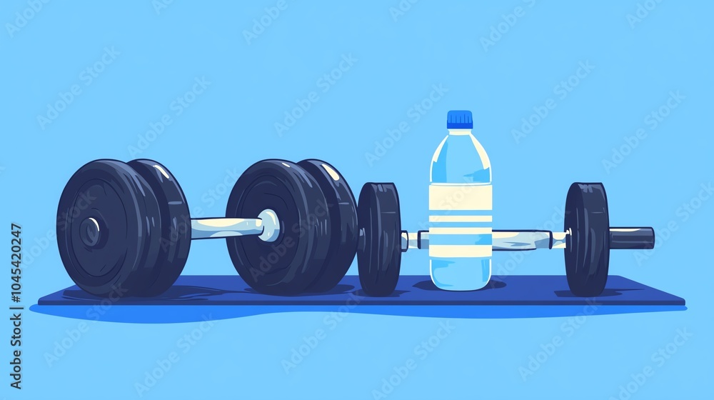 Dumbbells and a water bottle on a fitness mat, blue background. Dumbbells and a water bottle on a fitness mat, blue background.