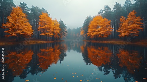 A misty autumn morning with fall foliage reflected in a still lake.