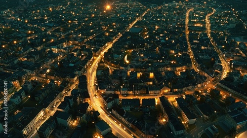 Fototapeta Naklejka Na Ścianę i Meble -  Aerial view of a city at night with illuminated streets and buildings.