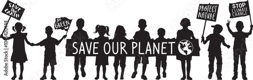 Vector silhouette of children, boys and girls parading holding banners and demonstration flags for saving the earth