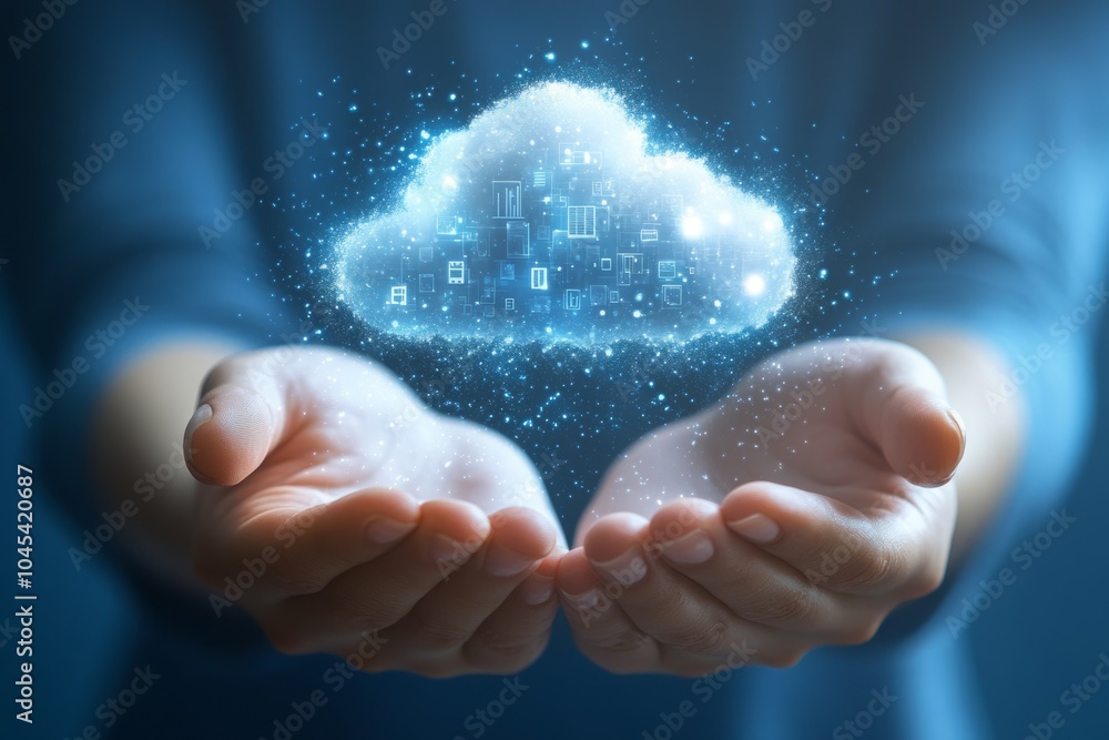 Businessman holding cloud computing data storage technology Businessman holding cloud computing data storage technology