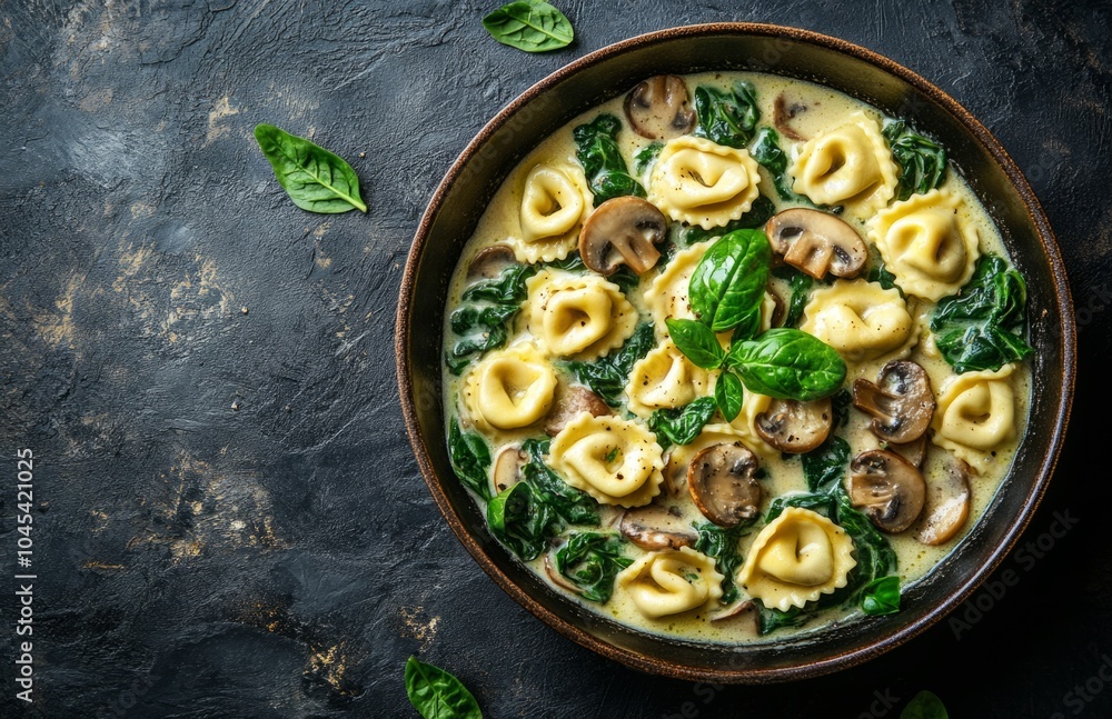 Pan with Tortellini, Mushrooms, Spinach in Cream Sauce on Dark Background Pan with Tortellini, Mushrooms, Spinach in Cream Sauce on Dark Background