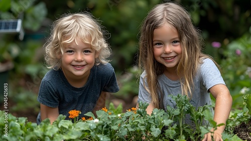 Wallpaper Mural Children helping on a farm with solar panels overhead, emphasizing the importance of sustainable practices Torontodigital.ca