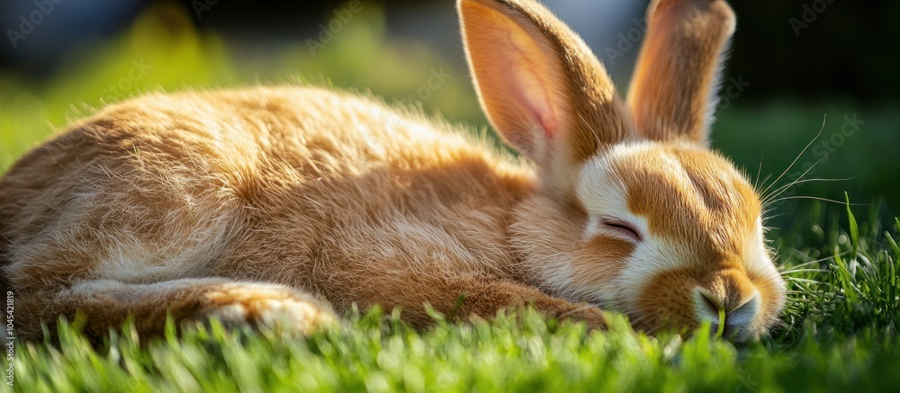 A brown rabbit with white patches sleeping in green grass with its eyes closed. A brown rabbit with white patches sleeping in green grass with its eyes closed.