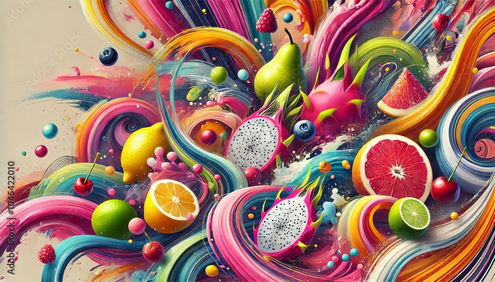 Abstract Fruit Splash with Colorful Swirls Abstract Fruit Splash with Colorful Swirls