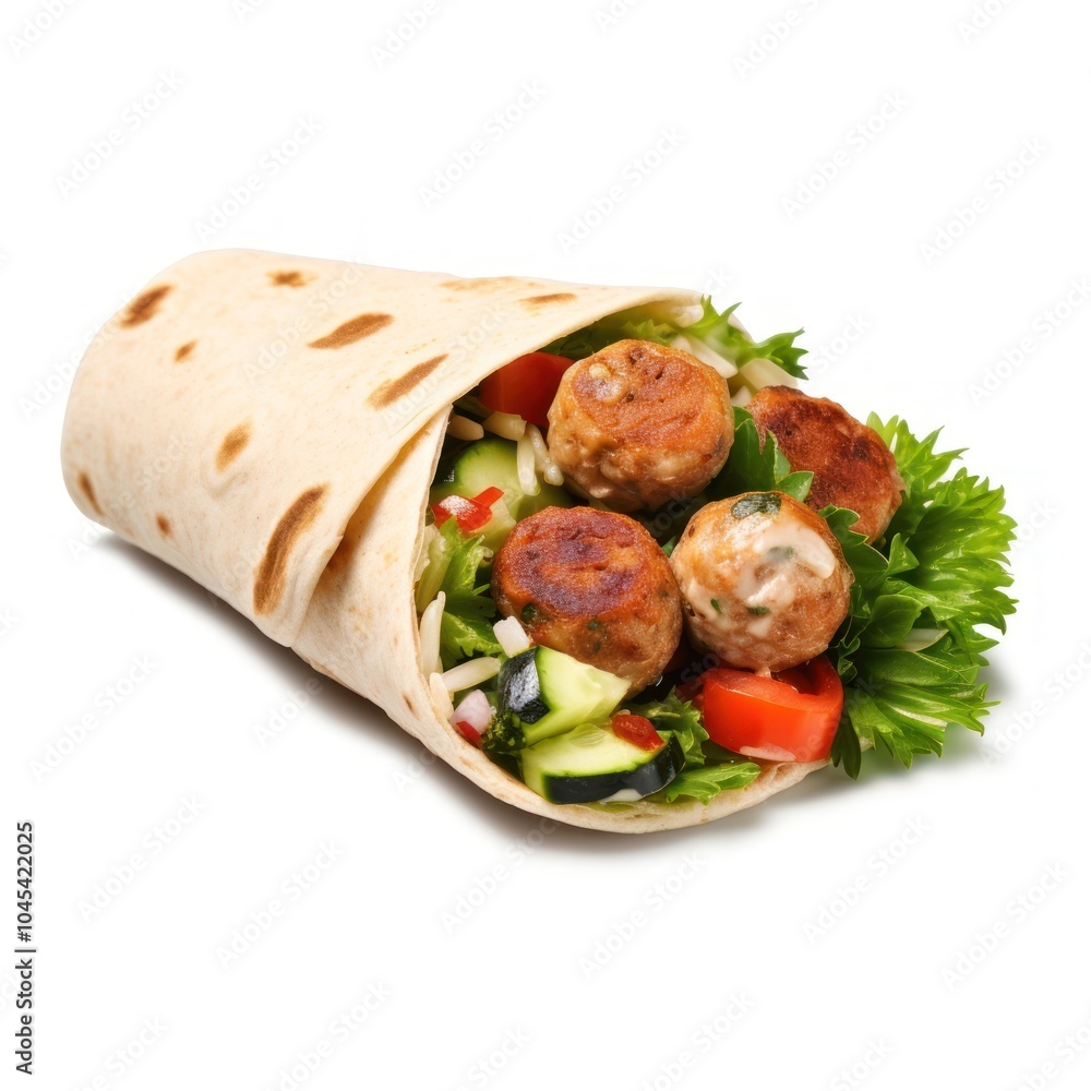 Turkey meatballs wrap with vegetables bread food white background. Turkey meatballs wrap with vegetables bread food white background.
