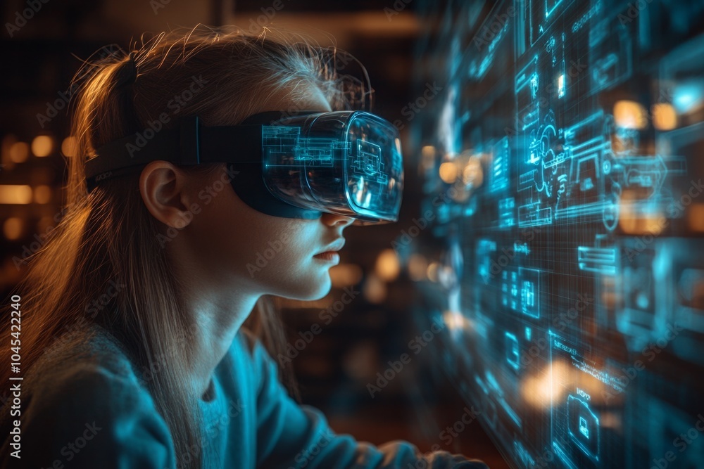 Young woman wearing vr headset experiencing virtual reality Young woman wearing vr headset experiencing virtual reality