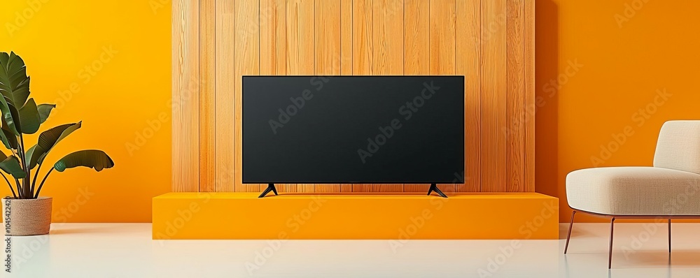 Textured wooden wall behind a modern TV setup, sleek furniture, soft neutral colors, professional lighting creating a polished and balanced look