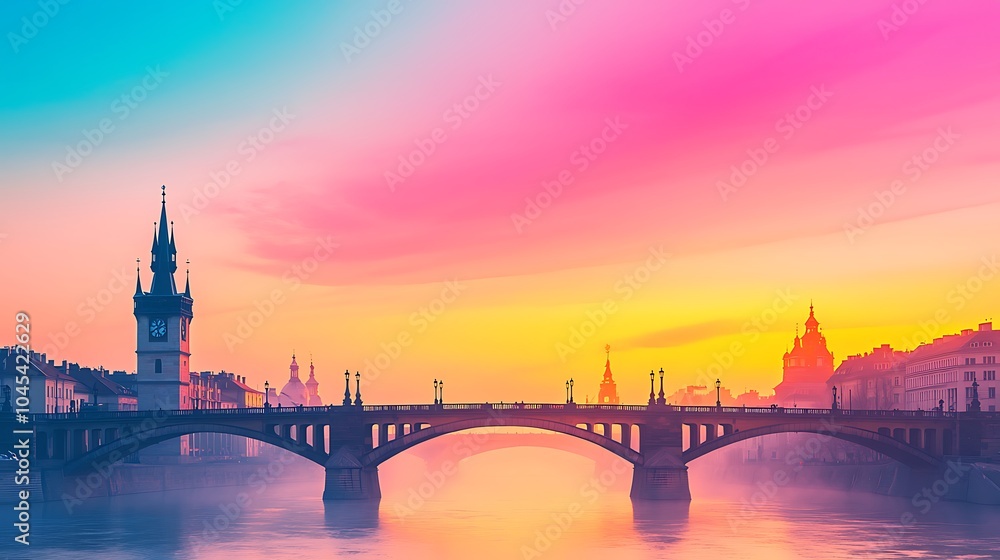 Naklejka premium A mesmerizing sunrise over the bridge capturing the beauty of urban landscapes in vibrant colors
