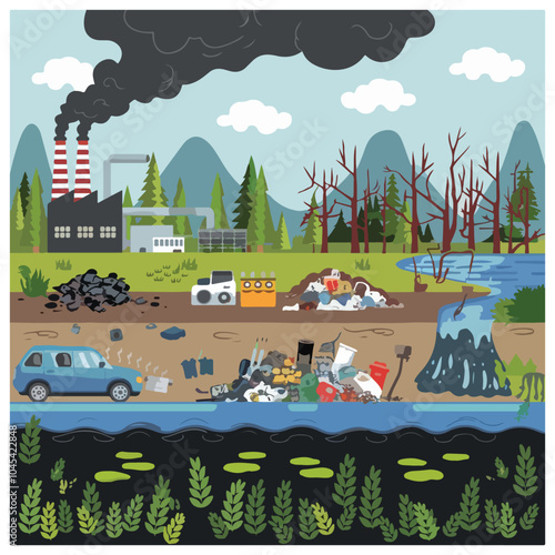 Flat icons set showing cars, industrial buildings, toxic waste, litter, and garbage causing air pollution, vector illustration