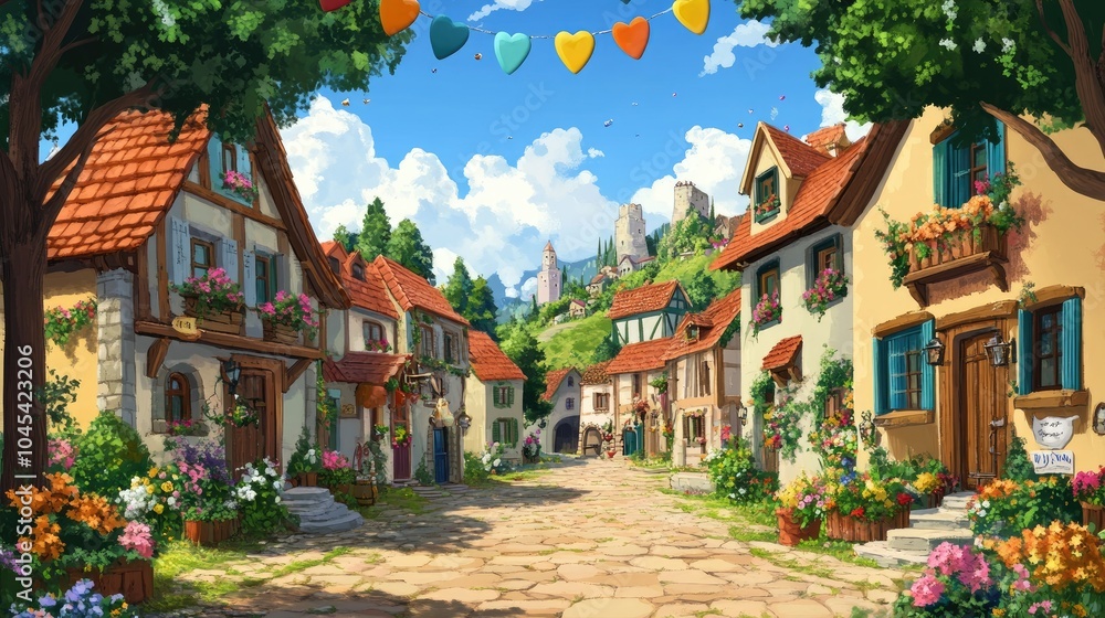 Obraz premium A joyful cartoon celebration scene in a European village, complete with copy space for text or messages