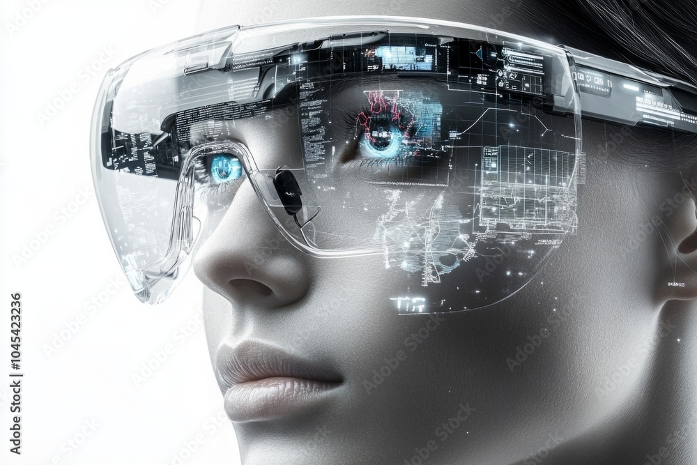 Software developer is using augmented reality glasses to analyze code and data Software developer is using augmented reality glasses to analyze code and data