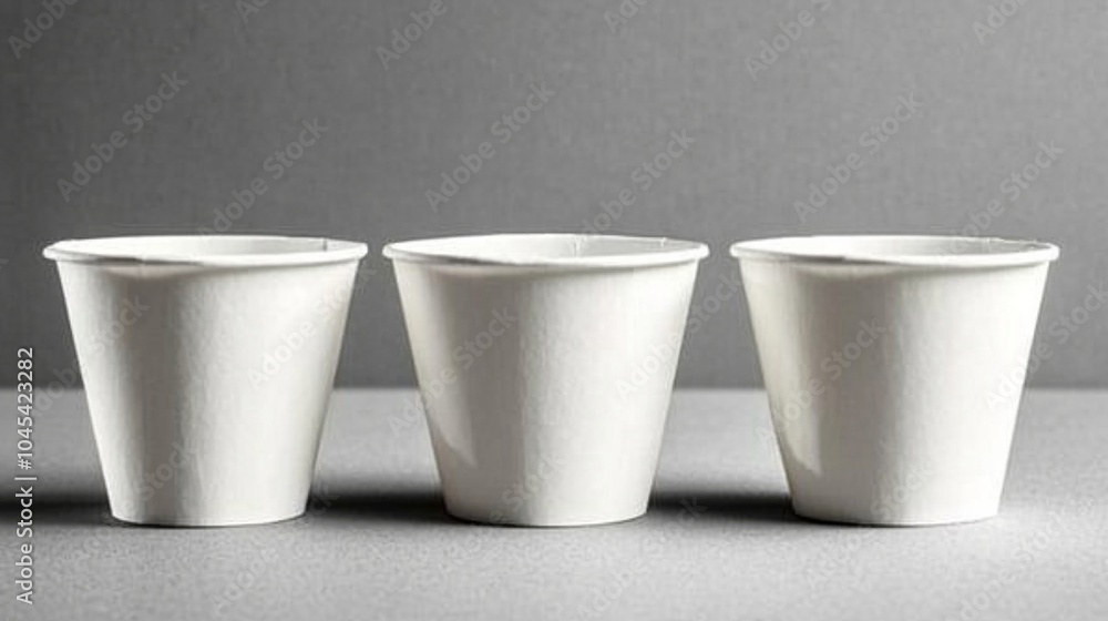 Three white paper cups are arranged in row, isolated against gray background, creating minimalist and clean aesthetic. simplicity of design evokes sense of calm and order Three white paper cups are arranged in row, isolated against gray background, creating minimalist and clean aesthetic. simplicity of design evokes sense of calm and order