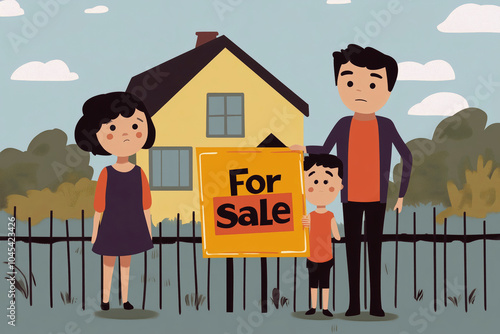 A family standing in front of their foreclosed home, looking sad and worried, holding a 