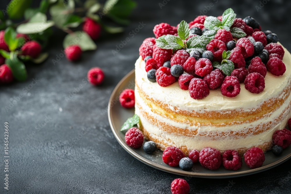 Delicious homemade cake decorated with fresh berries and mint leaves standing on plate Delicious homemade cake decorated with fresh berries and mint leaves standing on plate