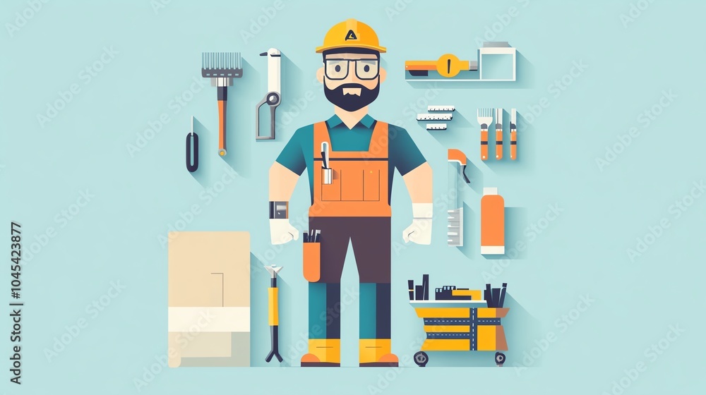 Obraz premium A construction worker surrounded by various tools and equipment on a light blue background.