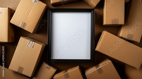 Blank frame surrounded by cardboard boxes on a brown background.