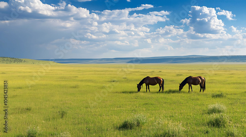 Two horses grazing in the vast grassland, blue sky and white clouds, distant mountains under bright sunshine.