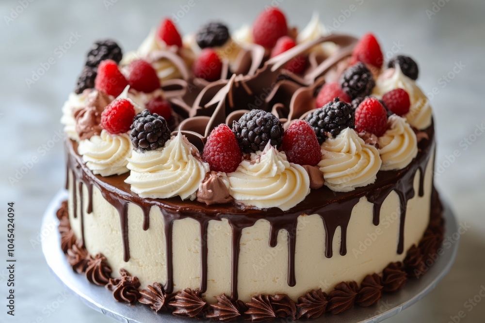 Delicious chocolate drip cake decorated with piping and fresh berries Delicious chocolate drip cake decorated with piping and fresh berries