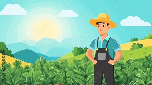 A farmer in a sunny landscape standing proudly among green crops. photo