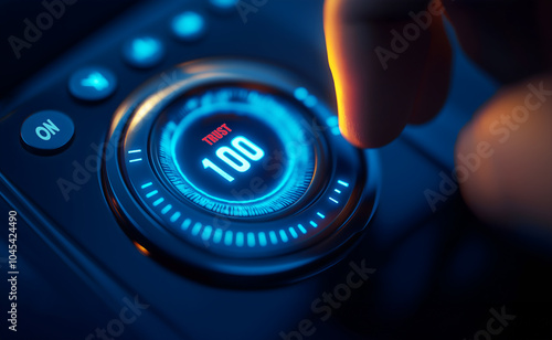 Hand turning a digital glowing blue button to 100 with above red letter "Trust". Concept image for illustration of trust concept in business..