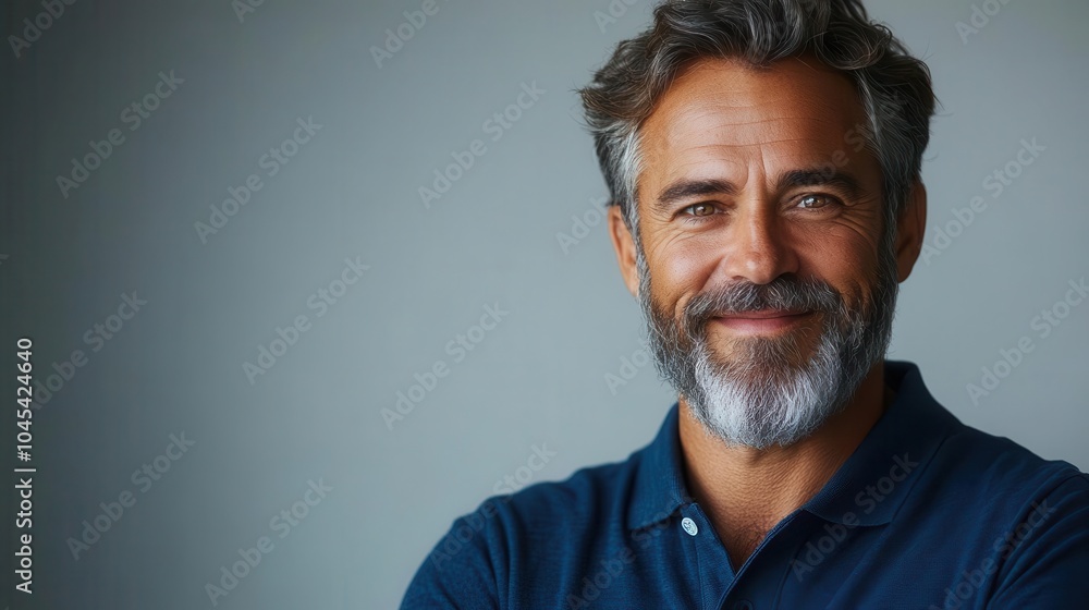 a smiling bearded man in a blue polo shirt confidently posing against a clean white background exuding warmth and approachability ideal for personal branding or professional profiles a smiling bearded man in a blue polo shirt confidently posing against a clean white background exuding warmth and approachability ideal for personal branding or professional profiles