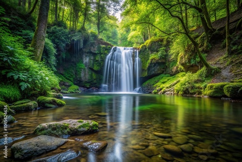 Minimalist forest landscape with small waterfall
