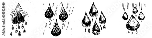 Illustration of rain drops in monochrome. Black outline on white background.